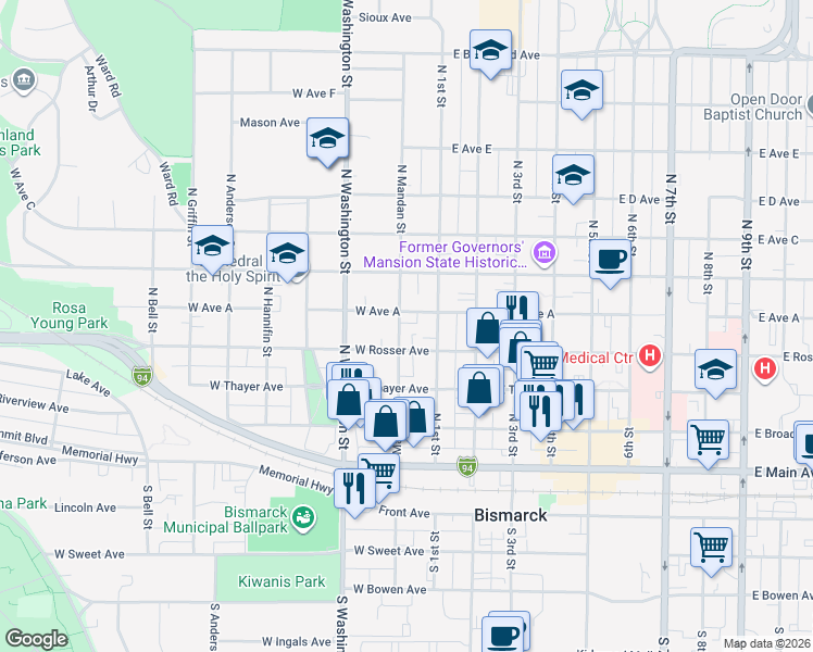 map of restaurants, bars, coffee shops, grocery stores, and more near 415 North Mandan Street in Bismarck