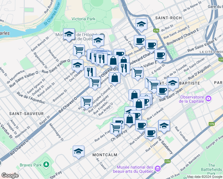 map of restaurants, bars, coffee shops, grocery stores, and more near 543 Rue de Mazenod in Québec