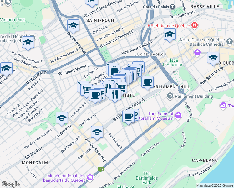 map of restaurants, bars, coffee shops, grocery stores, and more near 438 Rue Saint-Jean in Québec