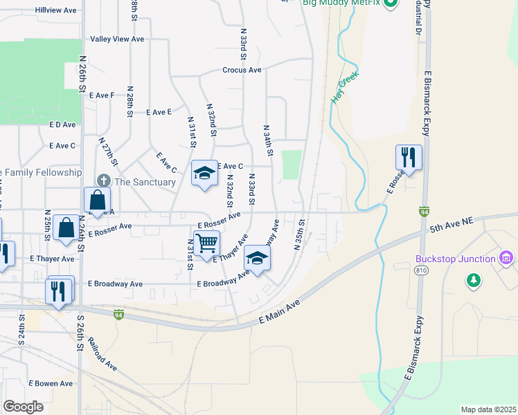 map of restaurants, bars, coffee shops, grocery stores, and more near 501 North 33rd Street in Bismarck