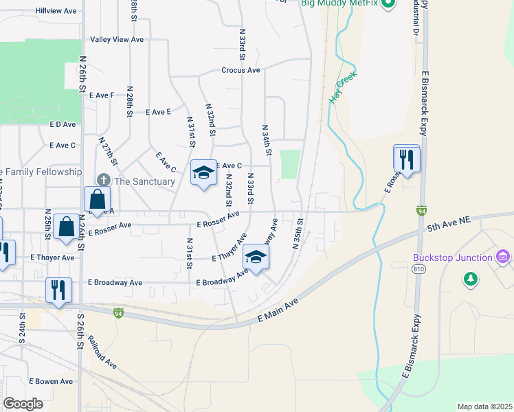 map of restaurants, bars, coffee shops, grocery stores, and more near 501 North 33rd Street in Bismarck