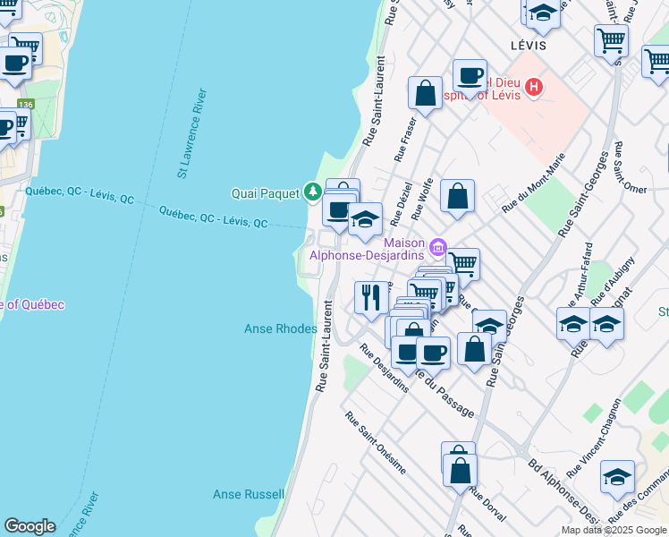 map of restaurants, bars, coffee shops, grocery stores, and more near 5935 Rue Saint-Laurent in Lévis