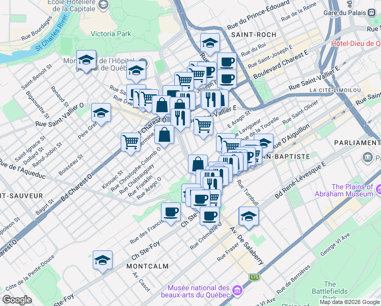 map of restaurants, bars, coffee shops, grocery stores, and more near 16 Rue Arago Est in Québec