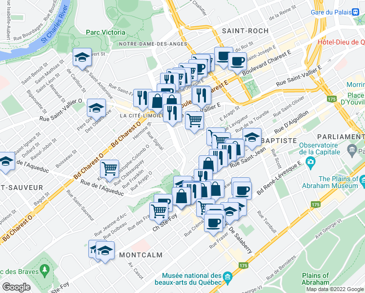 map of restaurants, bars, coffee shops, grocery stores, and more near 16 Rue Arago Est in Québec