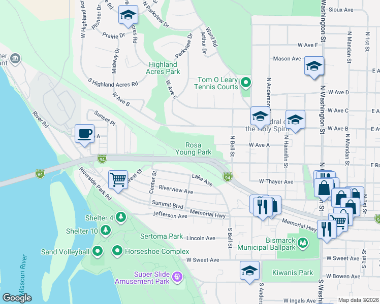 map of restaurants, bars, coffee shops, grocery stores, and more near 906 Missouri Avenue in Bismarck