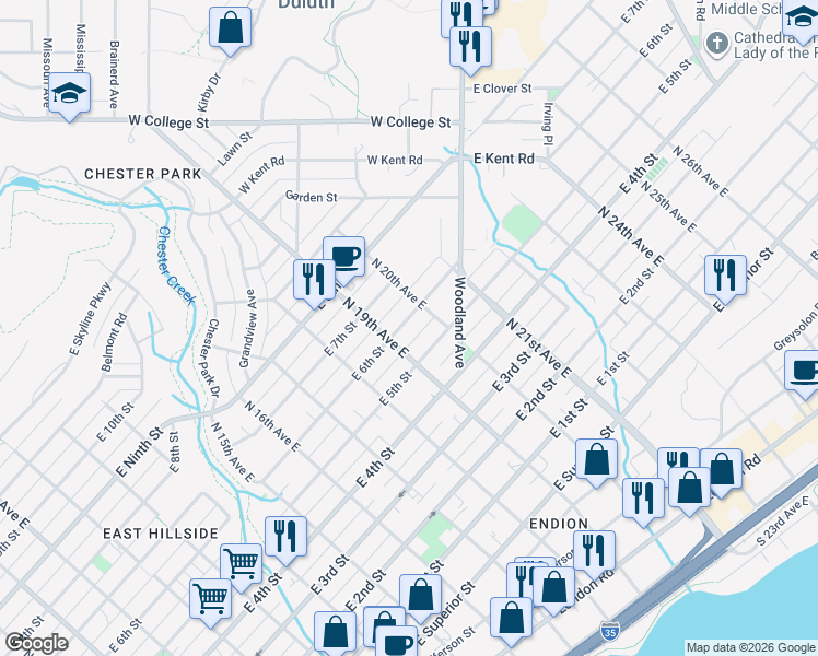 map of restaurants, bars, coffee shops, grocery stores, and more near 518 North 19th Avenue East in Duluth