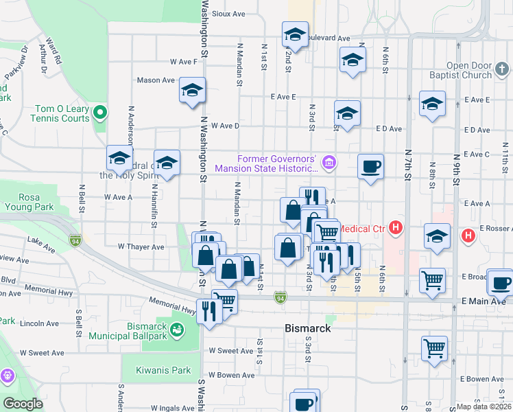 map of restaurants, bars, coffee shops, grocery stores, and more near 408 North 1st Street in Bismarck