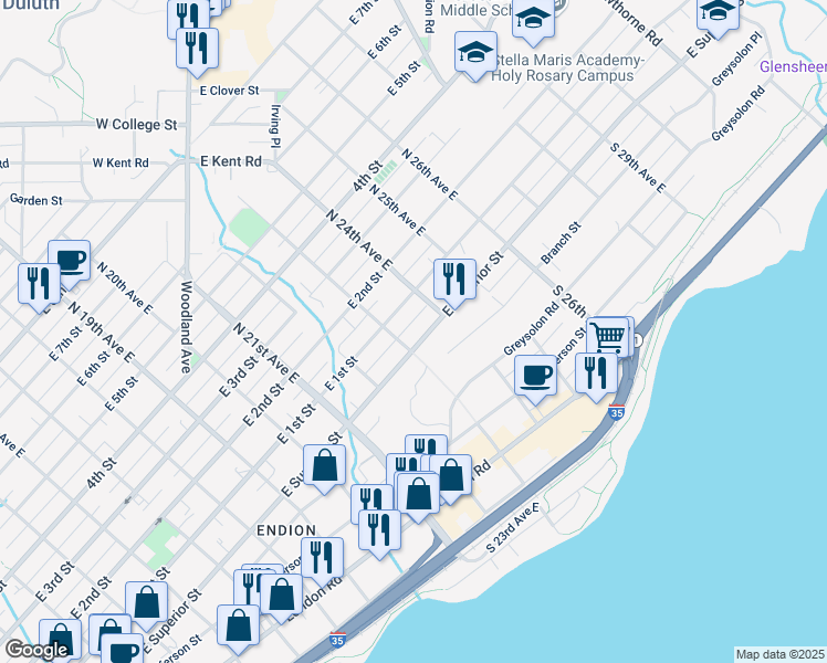 map of restaurants, bars, coffee shops, grocery stores, and more near in Duluth
