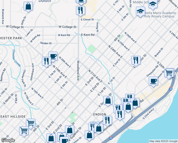 map of restaurants, bars, coffee shops, grocery stores, and more near 2030 East 4th Street in Duluth