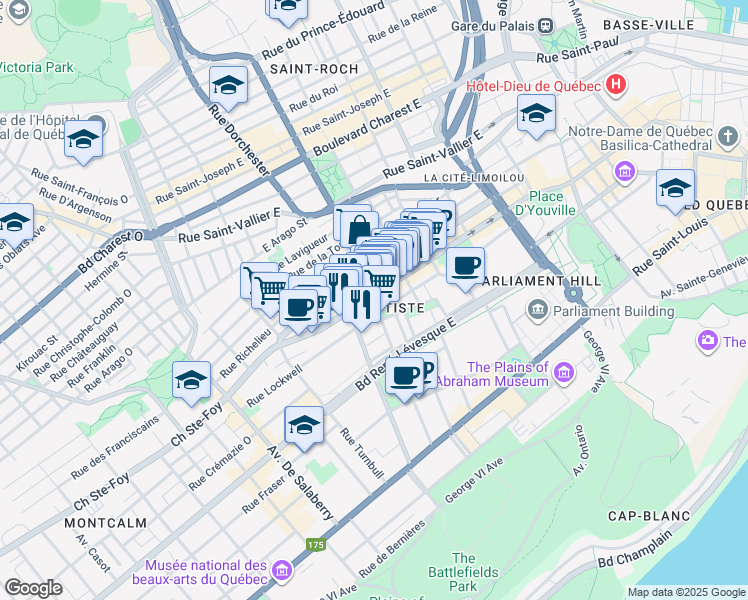 map of restaurants, bars, coffee shops, grocery stores, and more near 438 Rue Saint-Jean in Québec