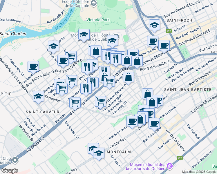 map of restaurants, bars, coffee shops, grocery stores, and more near 470 Rue Victoria in Québec