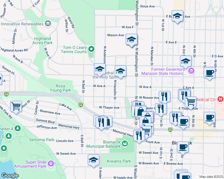 map of restaurants, bars, coffee shops, grocery stores, and more near 514 West Rosser Avenue in Bismarck