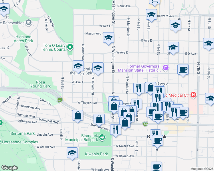 map of restaurants, bars, coffee shops, grocery stores, and more near 411 Raymond Street in Bismarck