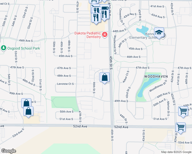 map of restaurants, bars, coffee shops, grocery stores, and more near 4741 45th Street South in Fargo