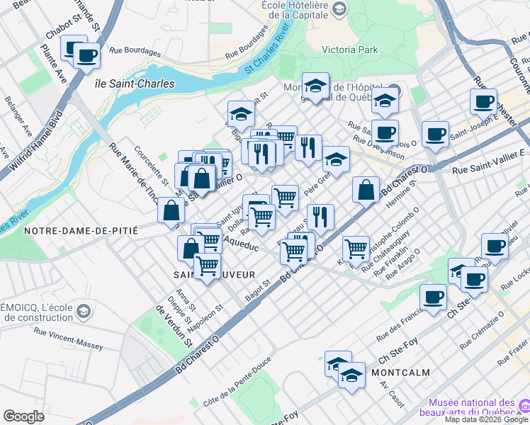 map of restaurants, bars, coffee shops, grocery stores, and more near 558 Rue Raoul-Jobin in Québec