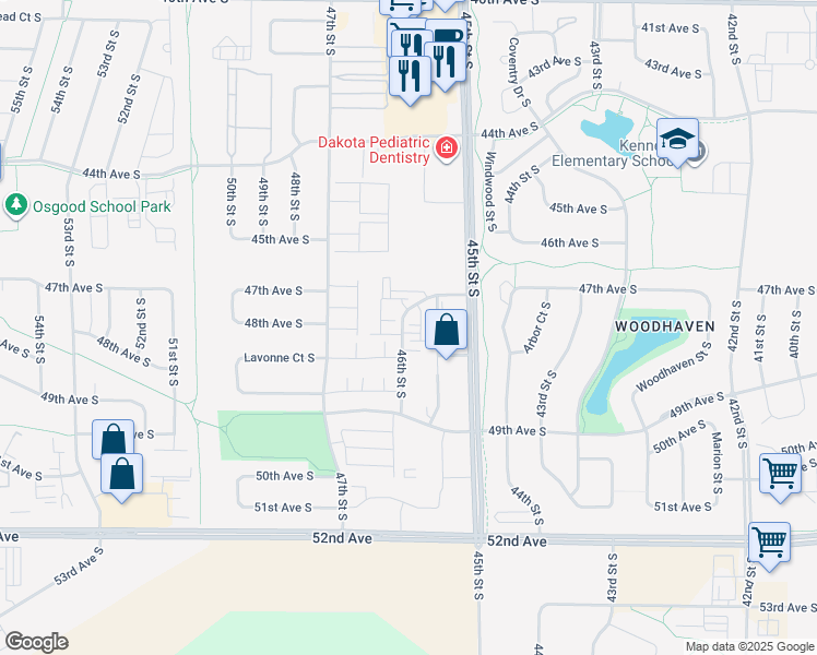 map of restaurants, bars, coffee shops, grocery stores, and more near 4700 46th Street South in Fargo