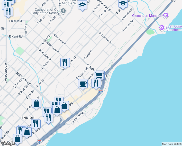 map of restaurants, bars, coffee shops, grocery stores, and more near 2507 Jefferson Street in Duluth