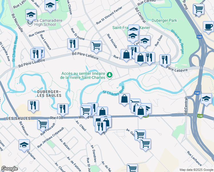 map of restaurants, bars, coffee shops, grocery stores, and more near 2595 Rue du Rhin in Québec