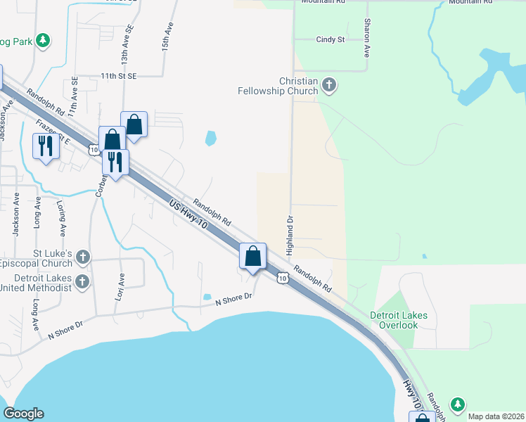 map of restaurants, bars, coffee shops, grocery stores, and more near 16490 Highland Drive in Detroit Lakes
