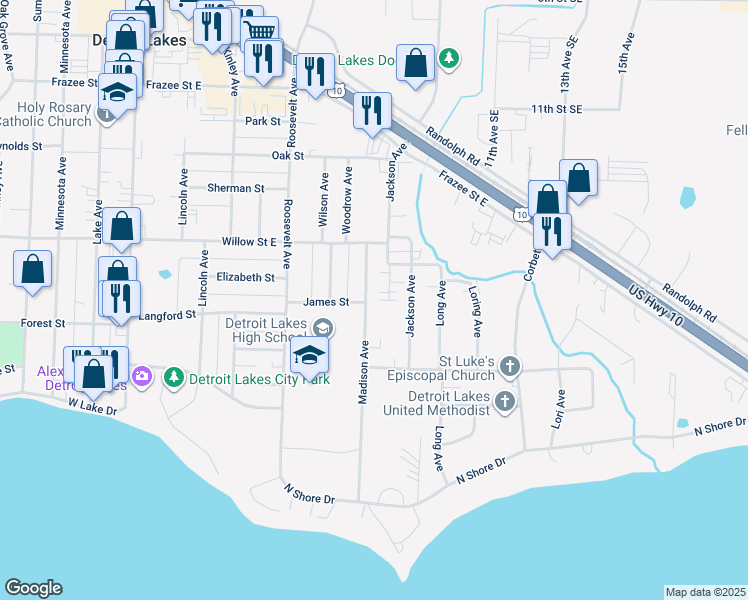map of restaurants, bars, coffee shops, grocery stores, and more near 1313 Madison Avenue in Detroit Lakes