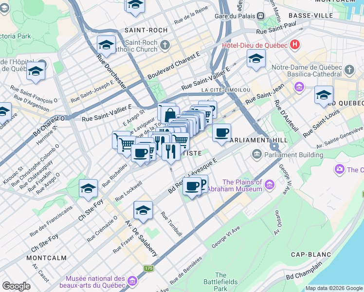 map of restaurants, bars, coffee shops, grocery stores, and more near 531 Rue Saint-Jean in Québec