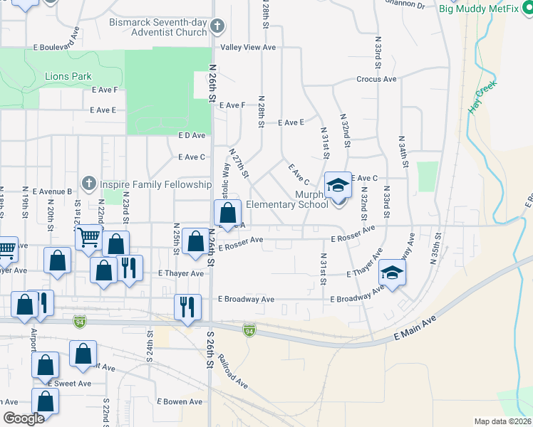 map of restaurants, bars, coffee shops, grocery stores, and more near 2712 East Rosser Avenue in Bismarck