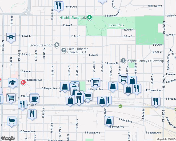 map of restaurants, bars, coffee shops, grocery stores, and more near 418 North 18th Street in Bismarck