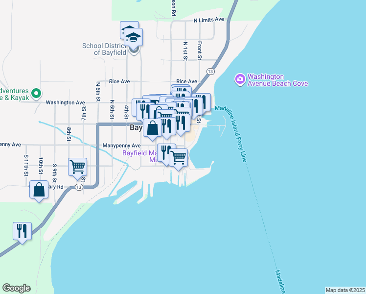 map of restaurants, bars, coffee shops, grocery stores, and more near 125 South 1st Street in Bayfield