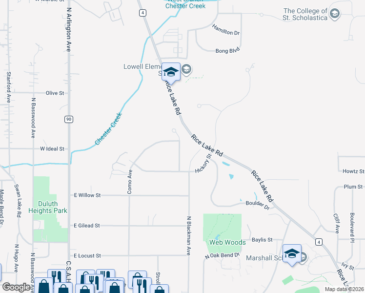 map of restaurants, bars, coffee shops, grocery stores, and more near 1111 Butternut Avenue in Duluth