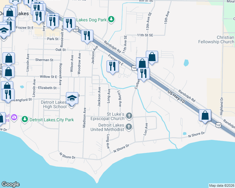 map of restaurants, bars, coffee shops, grocery stores, and more near 1260 Loring Avenue in Detroit Lakes