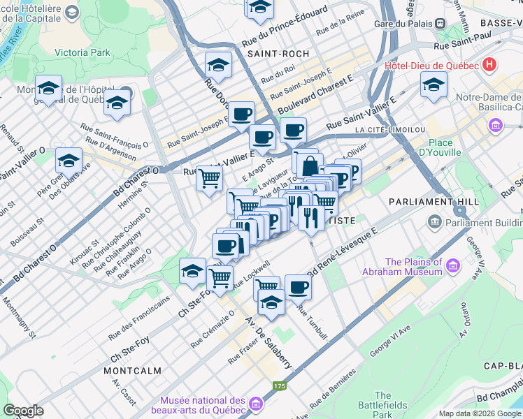 map of restaurants, bars, coffee shops, grocery stores, and more near 723 Rue Sutherland in Ville de Québec