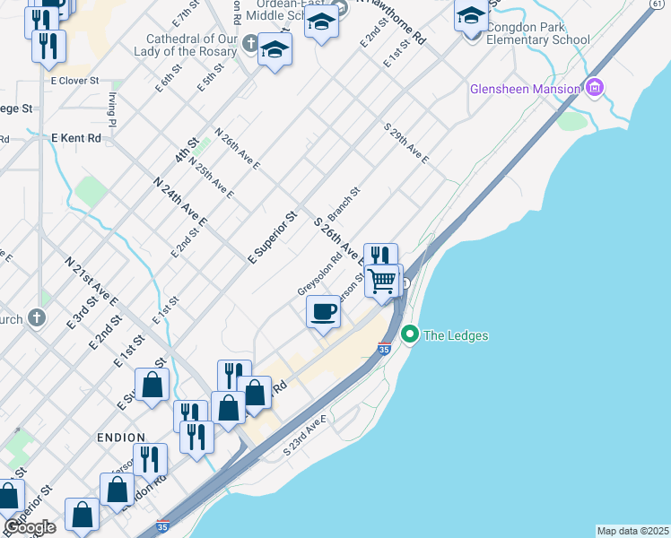 map of restaurants, bars, coffee shops, grocery stores, and more near 2518 Greysolon Road in Duluth
