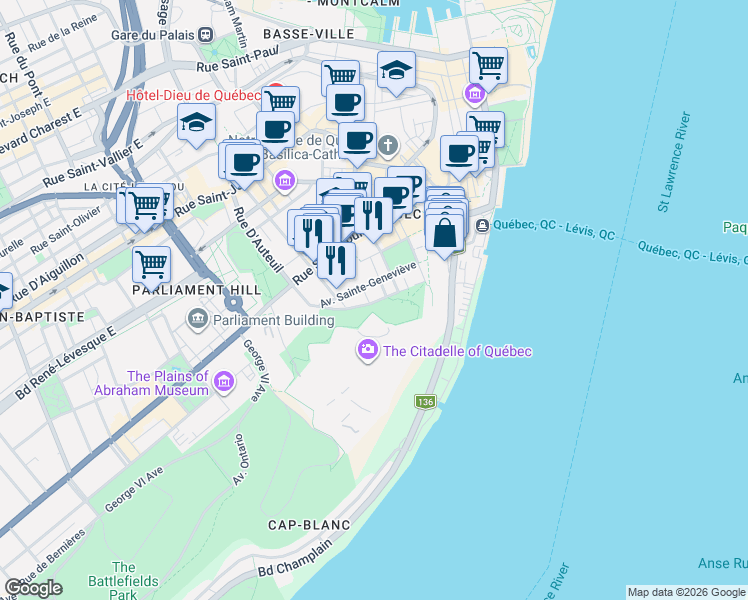 map of restaurants, bars, coffee shops, grocery stores, and more near 18 Avenue Saint-Denis in Québec