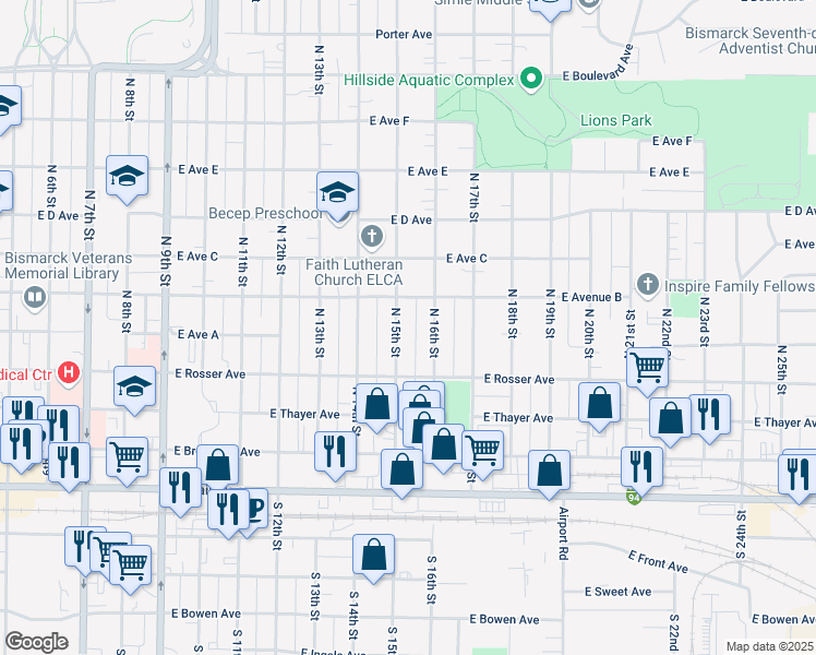 map of restaurants, bars, coffee shops, grocery stores, and more near 418 North 16th Street in Bismarck