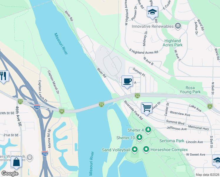 map of restaurants, bars, coffee shops, grocery stores, and more near 400 River Road in Bismarck