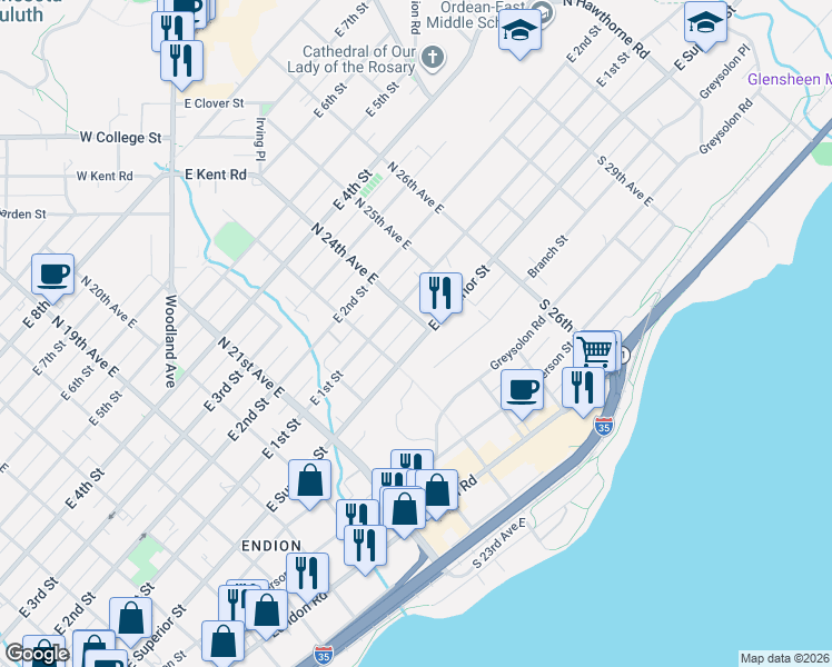 map of restaurants, bars, coffee shops, grocery stores, and more near 2320 East Superior Street in Duluth