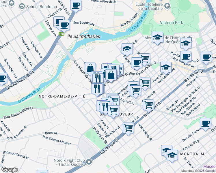 map of restaurants, bars, coffee shops, grocery stores, and more near 166 Rue Montmagny in Québec