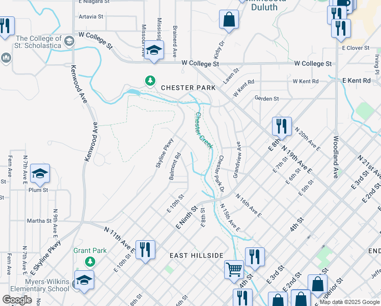 map of restaurants, bars, coffee shops, grocery stores, and more near 111 Chester Parkway in Duluth