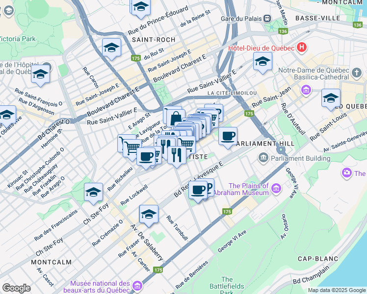 map of restaurants, bars, coffee shops, grocery stores, and more near 438 Rue Saint-Jean in Québec