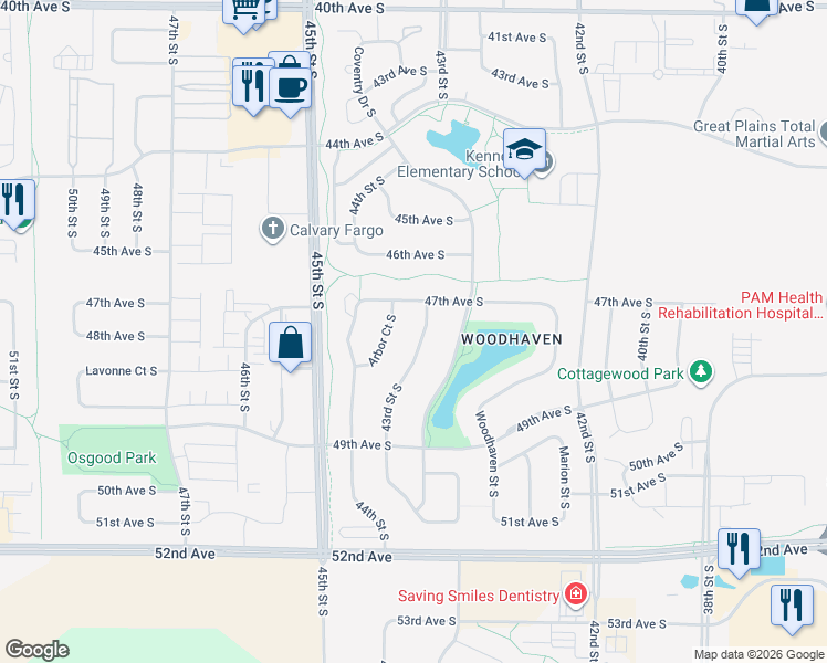 map of restaurants, bars, coffee shops, grocery stores, and more near 4787 43rd Street South in Fargo