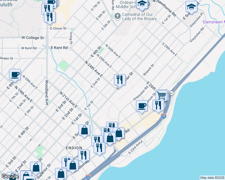 map of restaurants, bars, coffee shops, grocery stores, and more near 2410 East 1st Street in Duluth