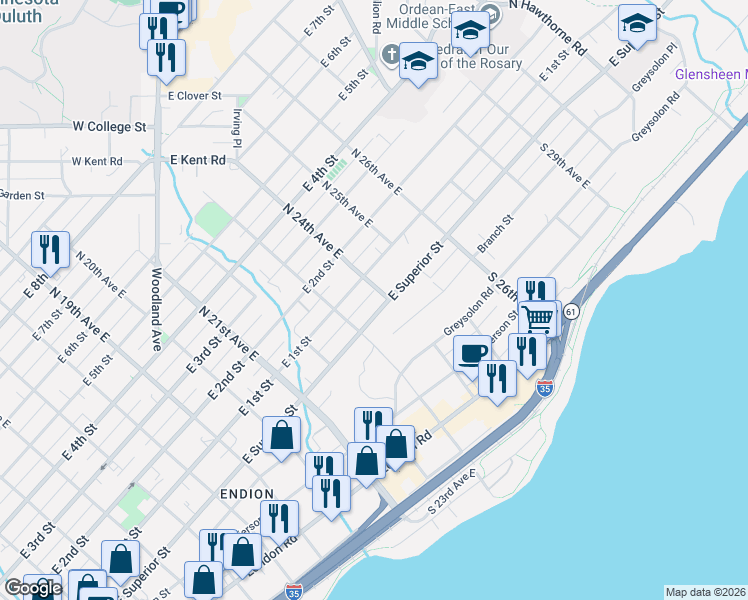 map of restaurants, bars, coffee shops, grocery stores, and more near 2410 East 1st Street in Duluth