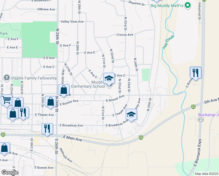 map of restaurants, bars, coffee shops, grocery stores, and more near 611 North 31st Street in Bismarck