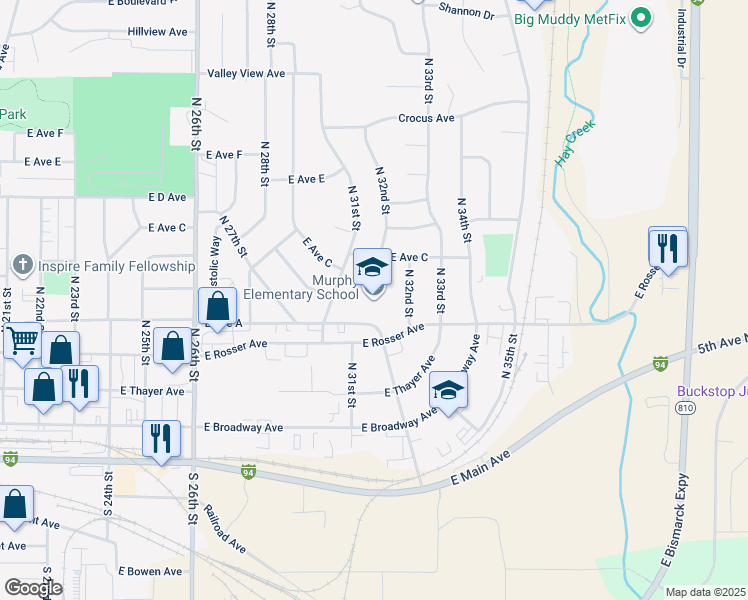 map of restaurants, bars, coffee shops, grocery stores, and more near 611 North 31st Street in Bismarck