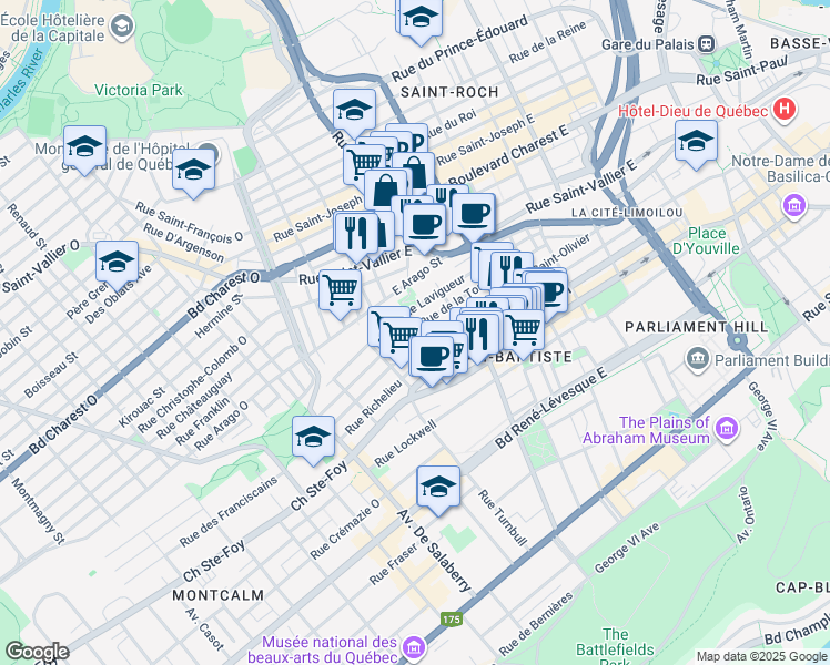 map of restaurants, bars, coffee shops, grocery stores, and more near 705 Rue Sutherland in Quebec