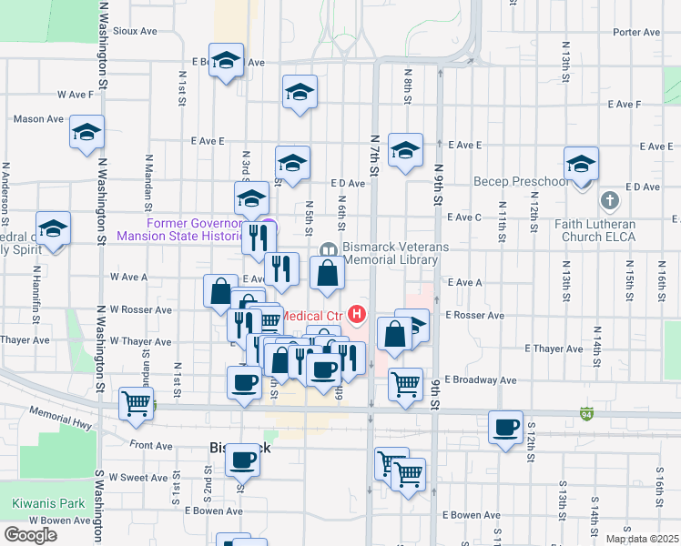 map of restaurants, bars, coffee shops, grocery stores, and more near 522 North 6th Street in Bismarck