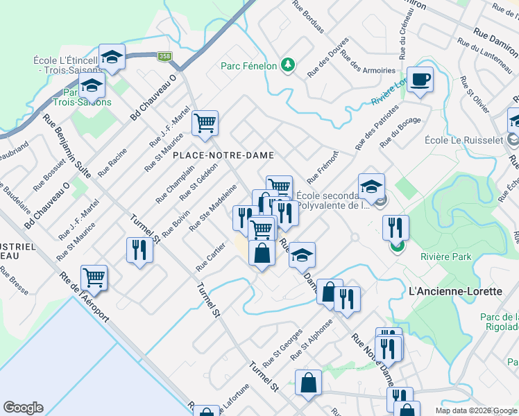 map of restaurants, bars, coffee shops, grocery stores, and more near 1344 Rue Saint Jacques in L'Ancienne-Lorette