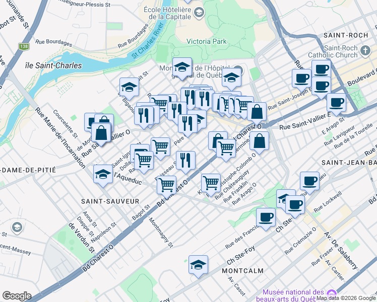map of restaurants, bars, coffee shops, grocery stores, and more near 432 Rue Boisseau in Québec