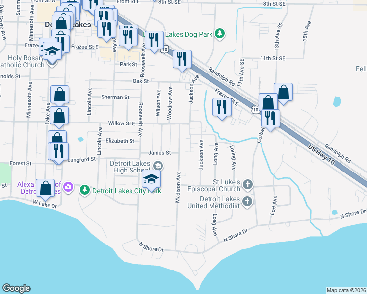 map of restaurants, bars, coffee shops, grocery stores, and more near 1211 Madison Avenue in Detroit Lakes