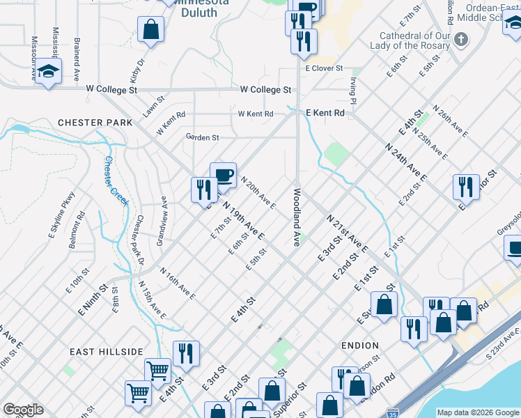 map of restaurants, bars, coffee shops, grocery stores, and more near 623 North 20th Avenue East in Duluth